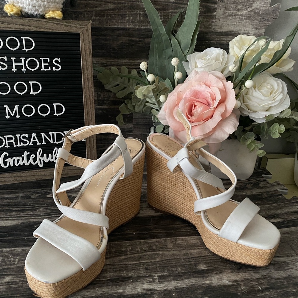 Jessica Simpson White and Tan cross strap Wedge Sandals size 7.5
